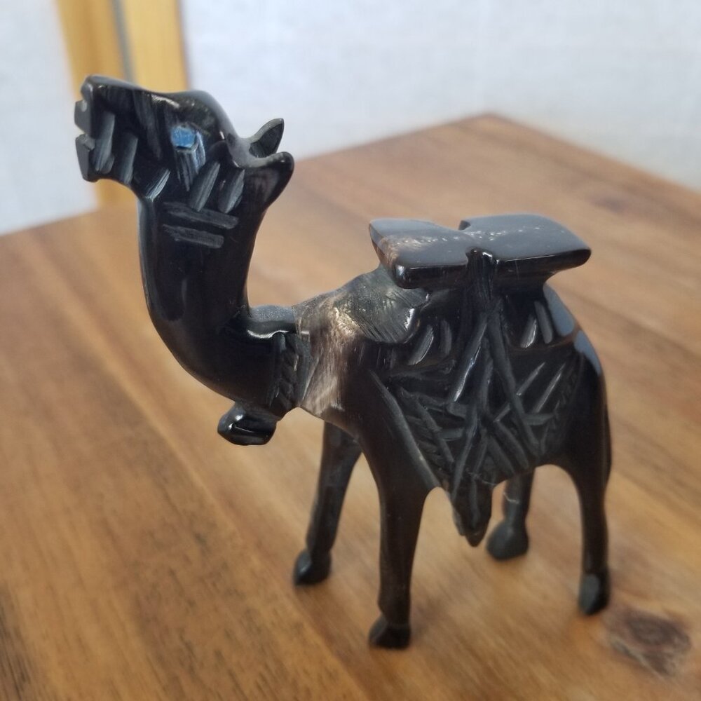 Black Camel Figurine Nativity Hand Carved Wood Resin Blue Eyes 5" High